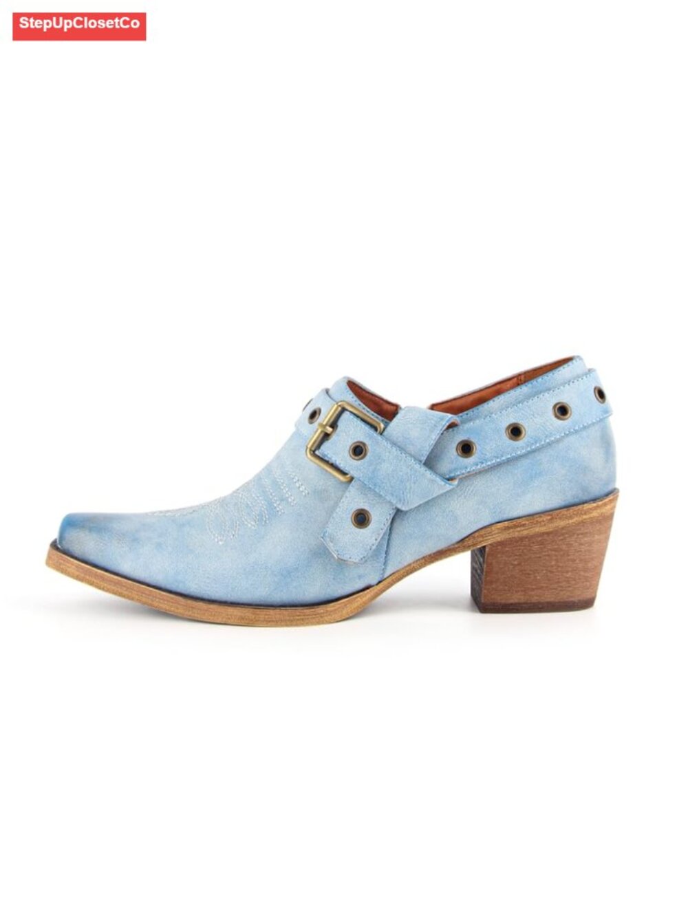Western Ankle Boots Buckle Strap Chunky Heel Cowgirl Booties Pointed Toe